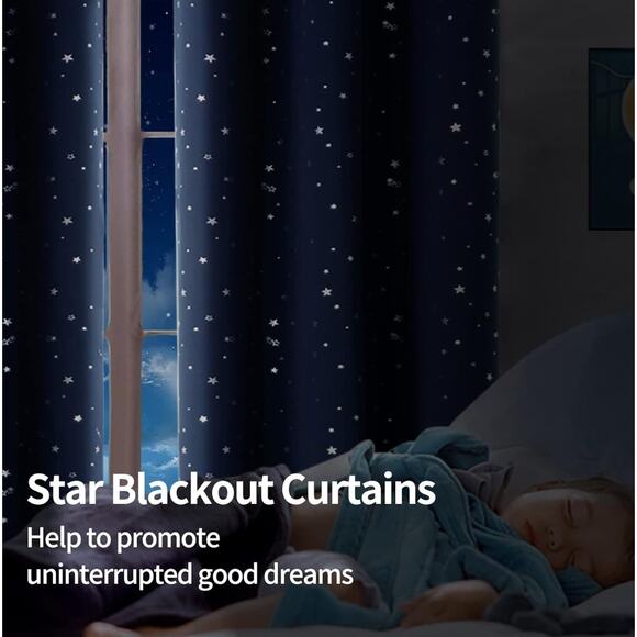 Kids Blackout Curtains Set 52x63 Navy Blue Silver Stars Insulated Darkening New - Picture 5 of 9